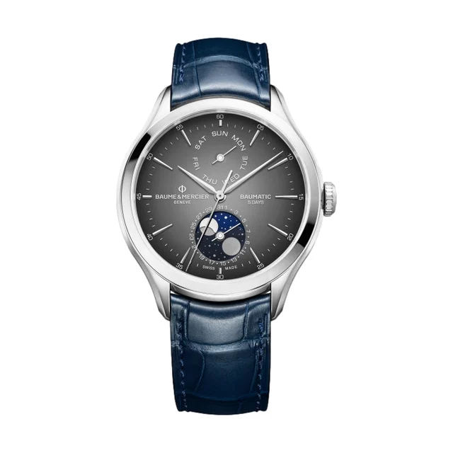 Baume Et Mercier Clifton 10548 Baumatic COSC Day Date Moonphase 42mm - Grey on Leather Str