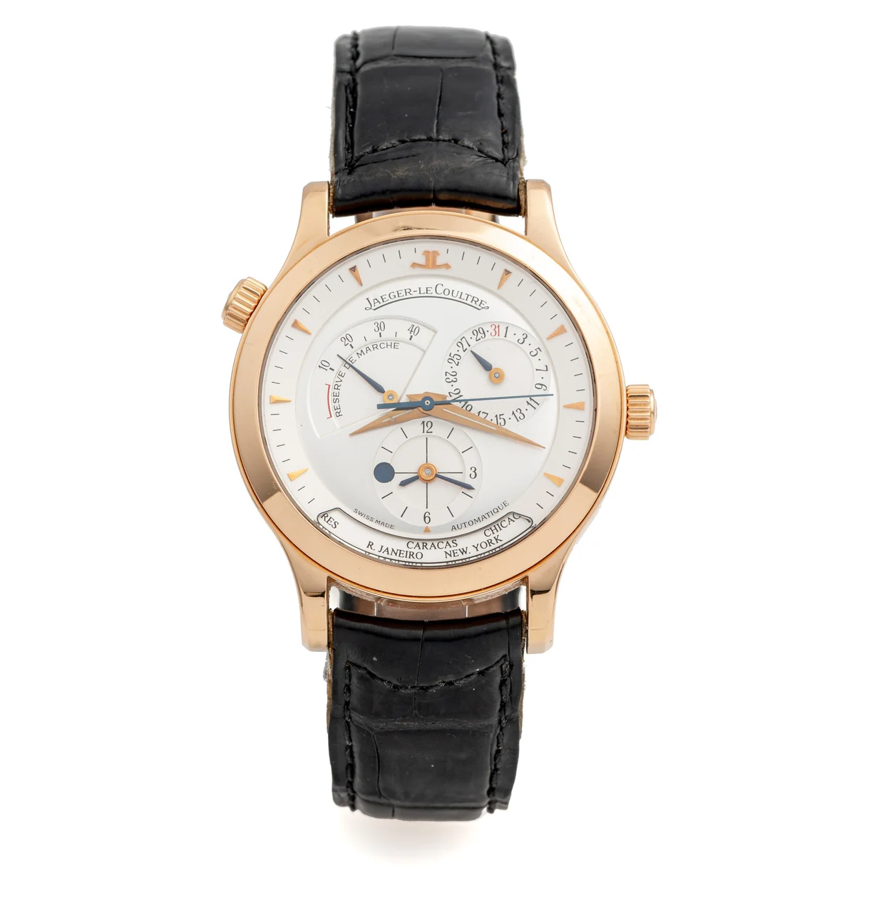 Jaeger-Lecoultre Ref. 142.2.92, self-winding, centre-seconds, date, powerreserve indication, AM-PM indication, two-time zone, World Time; “Master Control 1000 Hours”; 18K pink gold kol saati