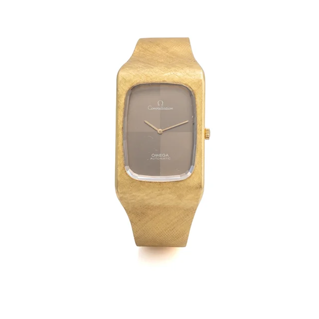 OMEGA Ref. 8354, heavy self-winding rectangular, two-tone dial, integrated bracelet; “Cons