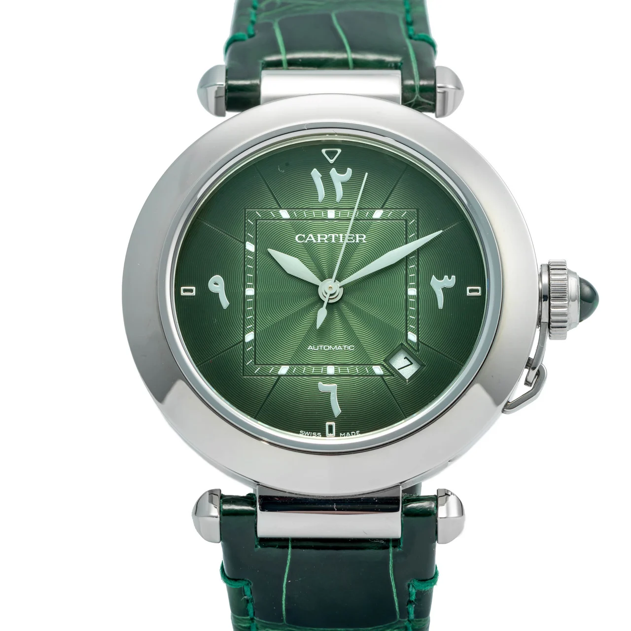 Cartier CARTIER REF. WSPA0022, SELF-WINDING, CENTRE-SECONDS, DATE, GREEN "GUILLOCHE" (ENGINE-TURNED) DIAL WITH TURKISH NUMERALS; "PASHA"; STAINLESS STEEL kol saati