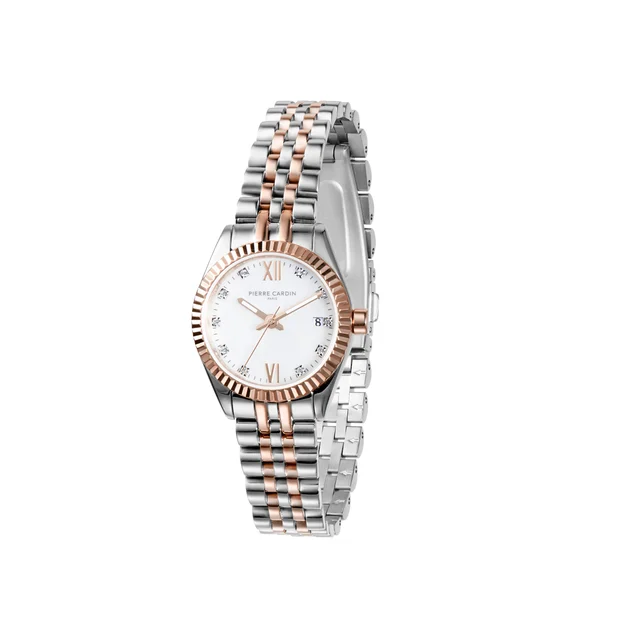 OPERA PLISSÉ Opera Two Tone Rose Gold and Stainless Steel Date Watch with Fluted Bezel and