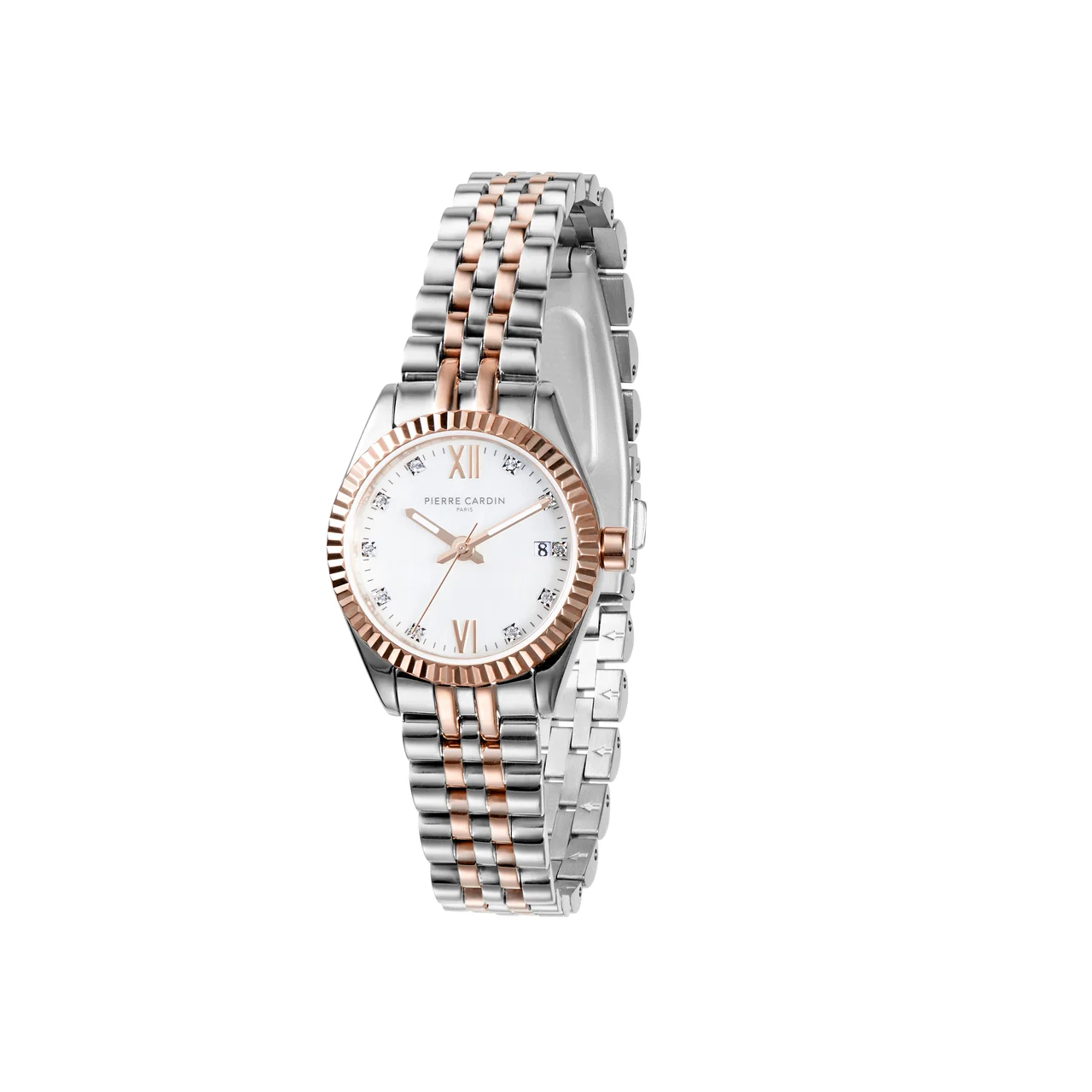 OPERA PLISSÉ Opera Two Tone Rose Gold and Stainless Steel Date Watch with Fluted Bezel and Crystals on a Mother of Pearl Dial Look COP.1006 28 mm kol saati
