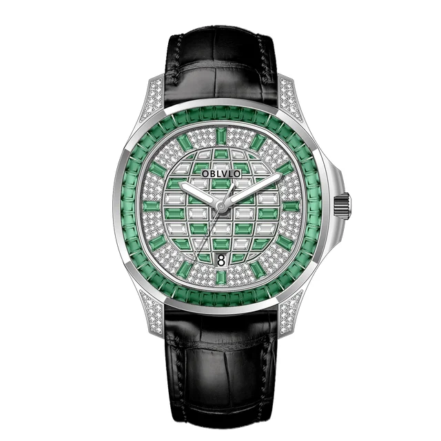 OBLVLO Leather Strap ,Green and White gradient FM Series,40mm,Black Leather Strap ,Green a