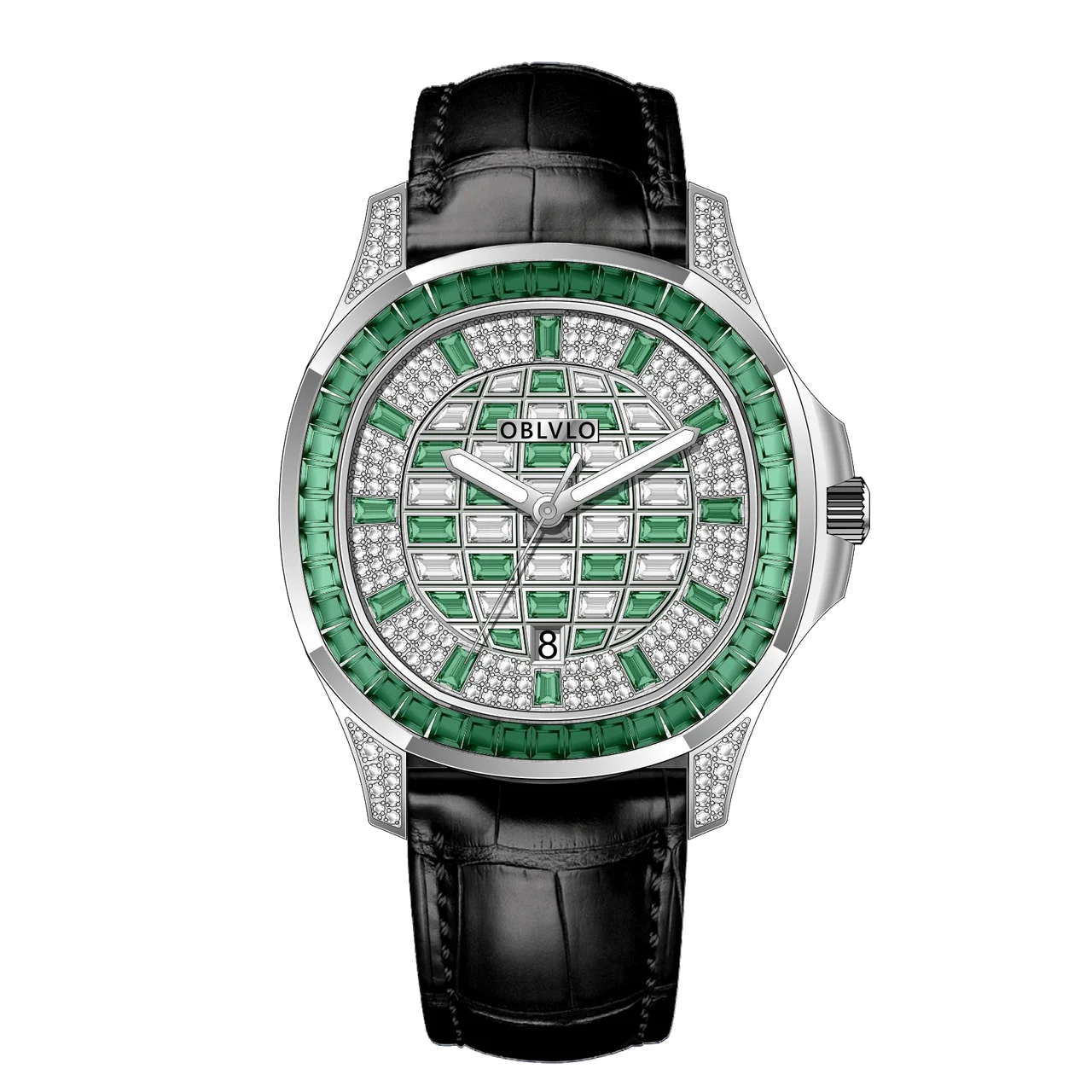 OBLVLO Leather Strap ,Green and White gradient FM Series,40mm,Black Leather Strap ,Green and White gradient 40 mm kol saati