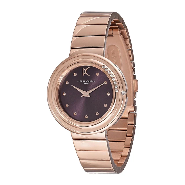 Passy Météore ’ Watch - Rose Gold Case with Plum Dial, Crystal Bezel, and Metal Link Strap