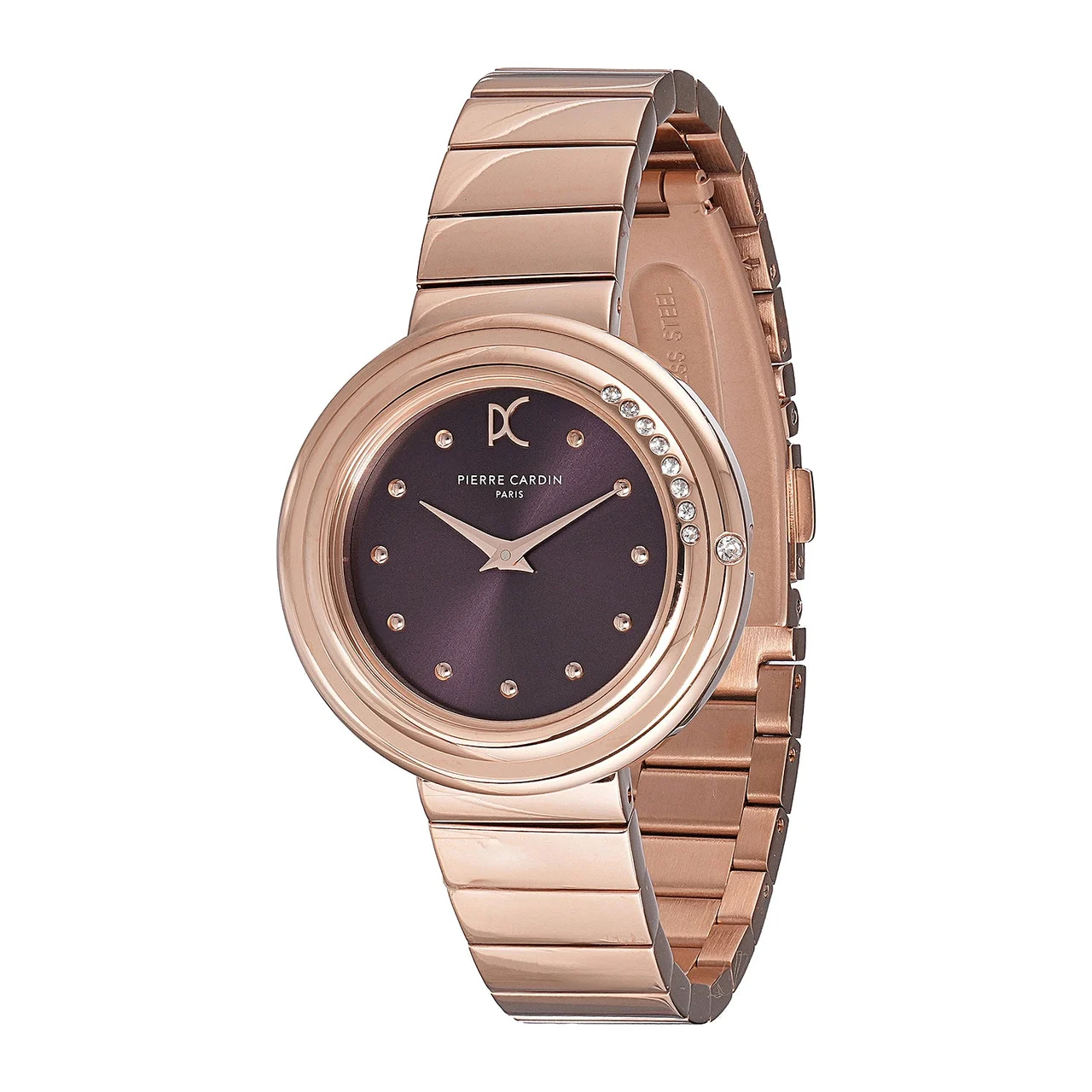 Passy Météore ’ Watch - Rose Gold Case with Plum Dial, Crystal Bezel, and Metal Link Strap CF.1010.MR 32 mm kol saati