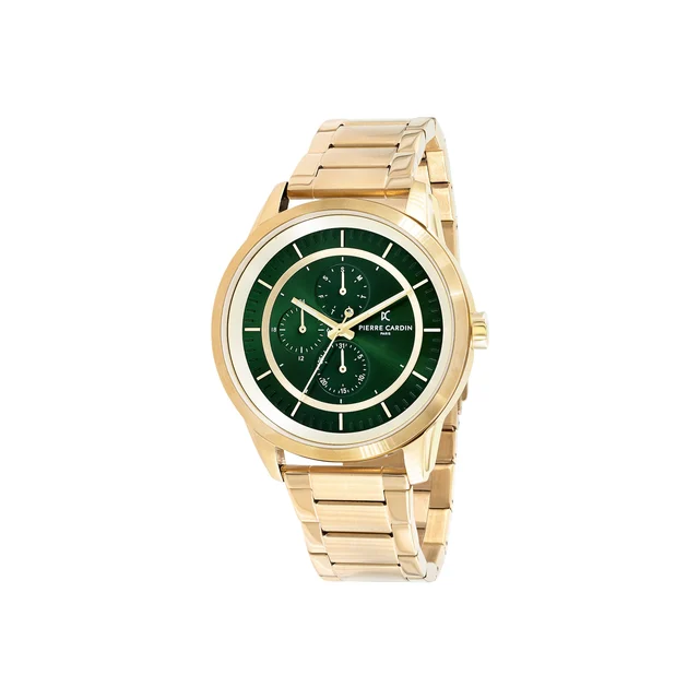 LES HALLES Green Dial Gold Multifunction Watch with Metal Links Strap CCP.5018 kol saati