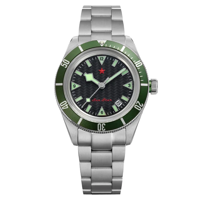 Red Star SEA STAR Watch with Black Dial and Green Bezel #7074G-E kol saati