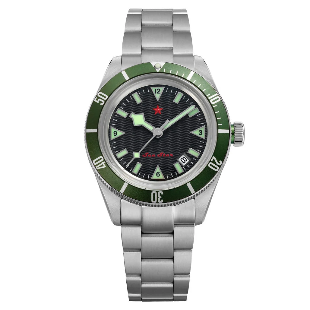 Red Star SEA STAR Watch with Black Dial and Green Bezel #7074G-E kol saati