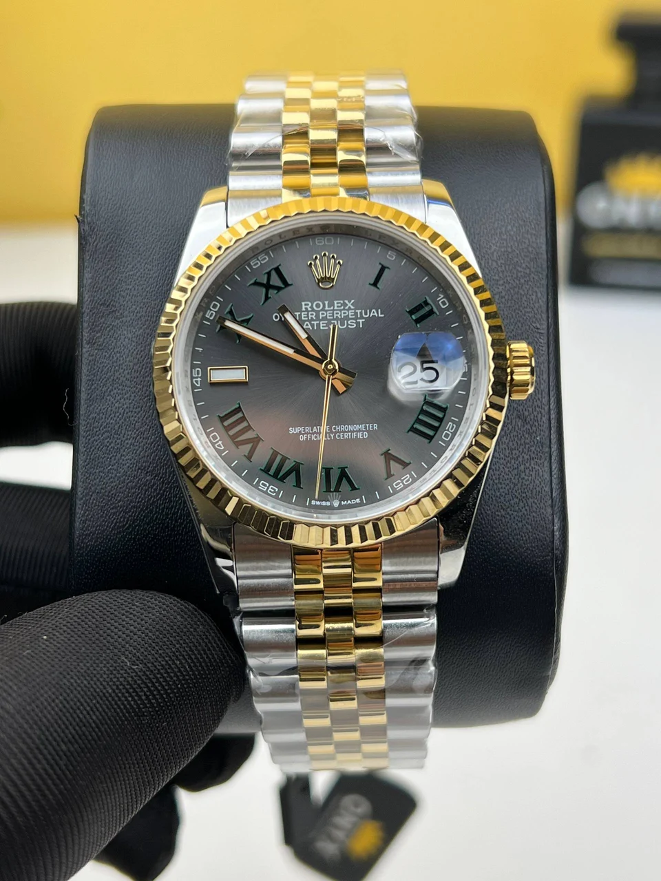 Rolex Date just Half Gold Wimbledon Grey Dial 36mm 36 mm kol saati