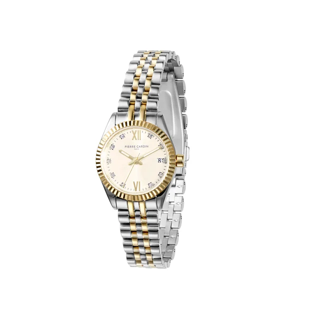 OPERA PLISSÉ Opera Two Tone Gold and Stainless Steel Date Watch with Fluted Bezel and Crys