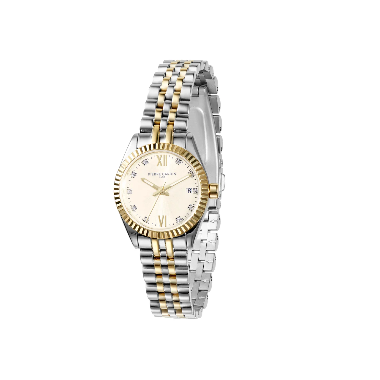 OPERA PLISSÉ Opera Two Tone Gold and Stainless Steel Date Watch with Fluted Bezel and Crystals on a Champagne Dial COP.1004 28 mm kol saati