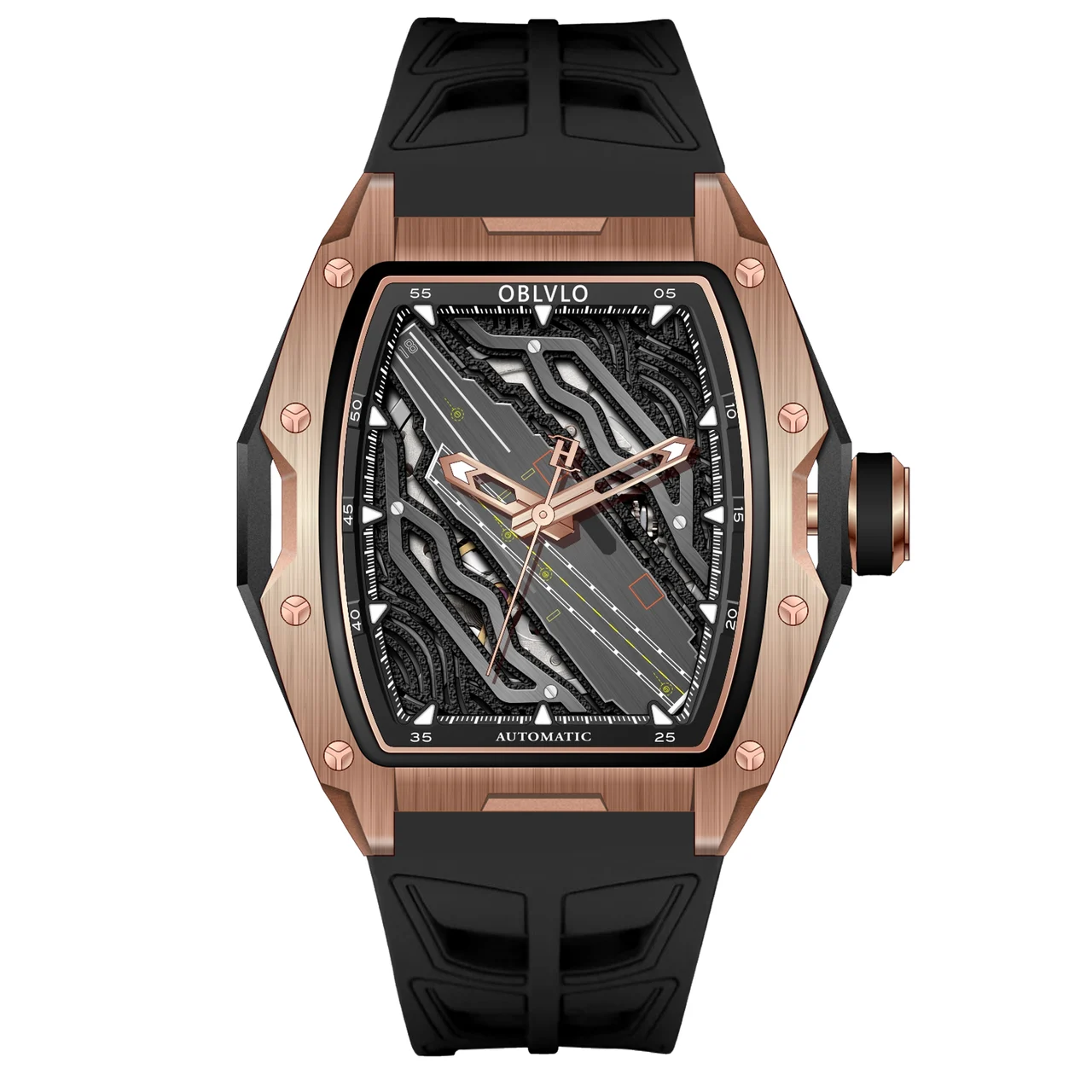 OBLVLO Strap ,Black Dial ZM-CR-PBBR ZM Series,46mm,Rubber Strap ,Black Dial ZM-CR-PBBR 46 mm kol saati