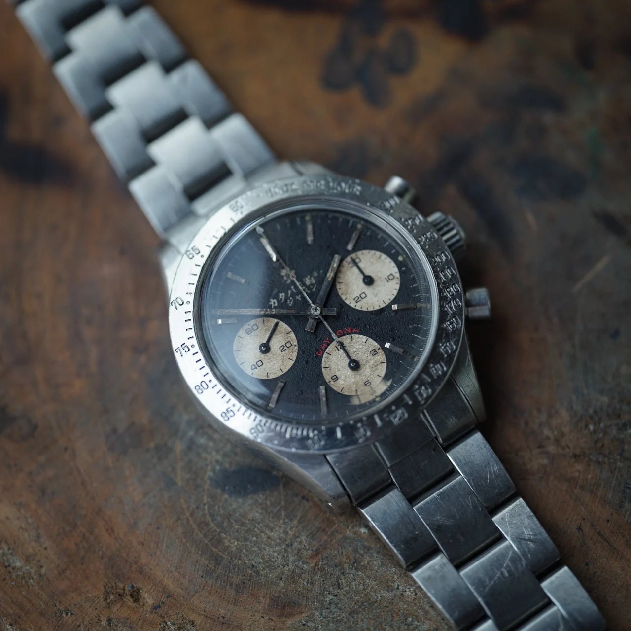 KATABAMI WATCH JAPAN 【STOCK】The Chronograph クロ "KURO" FullyAged / SS bezel 37 mm kol saati