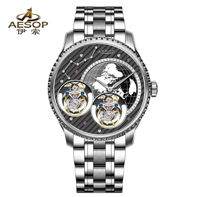 Tandorio Double Flying Tourbillon Watch World Map AESOP 7116 42mm Skeleton Luxury Waterpro