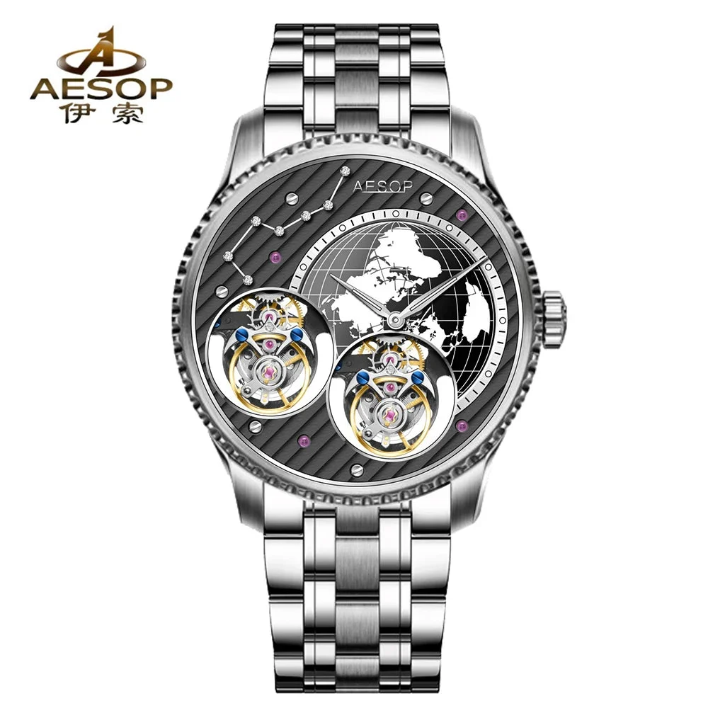Tandorio Double Flying Tourbillon Watch World Map AESOP 7116 42mm Skeleton Luxury Waterproof Wristwatches Sapphire 12000052984729621 42 mm kol saati