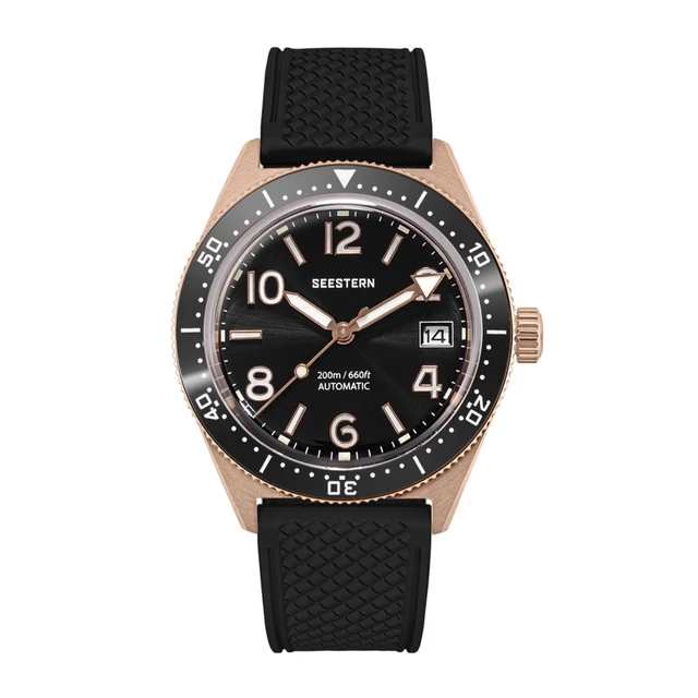Sugess Seestern S434-2 Rose Gold Black Dial Rubber Band Professiona kol saati