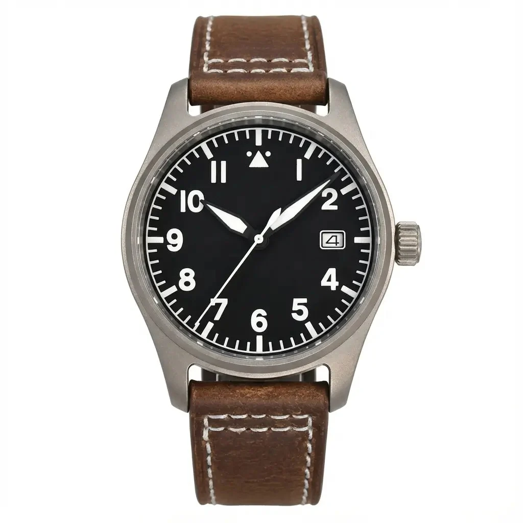 Tandorio Titanium Pilot 39mm Field Watch NH35A 20bar Aviator Sapphire TD120 14:200005100#black logo dial 39 mm kol saati