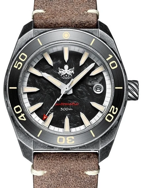 Phoibos Black Forged Carbon Dial Proteus 300-M Automatic Dive Watch with AR DD Sapphire Crystal #PY028D 42 mm kol saati