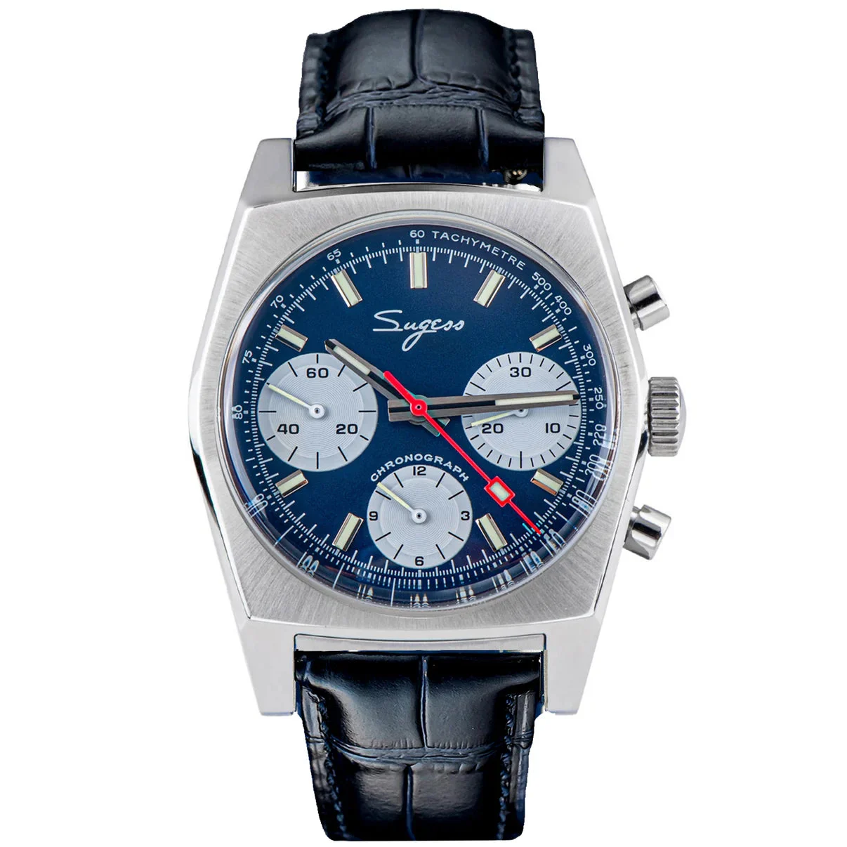 Sugess Chrono Heritage S419 Chronograph Blue Panda Dial Leather Str 37 mm kol saati