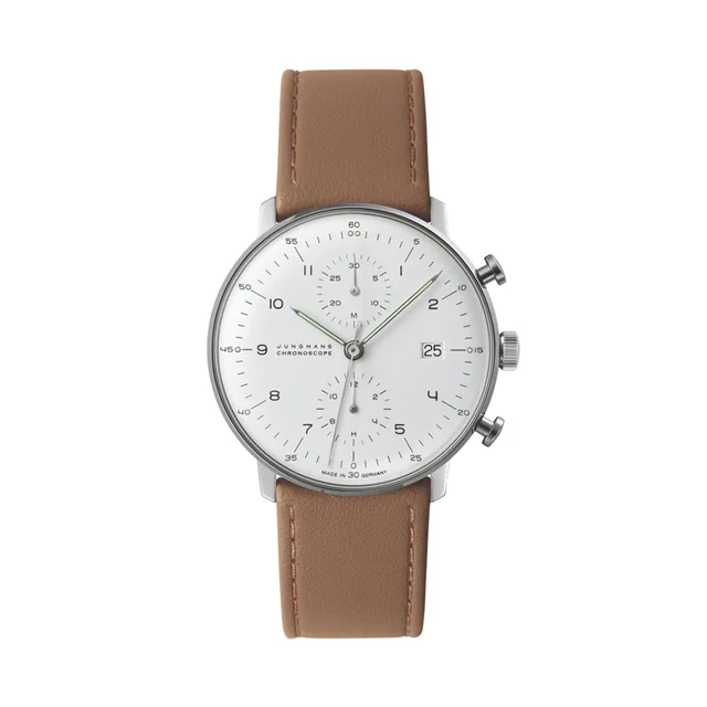 Junghans Max Bill Chronoscope 40mm - Silver on Leather Strap 27.4502.02 kol saati