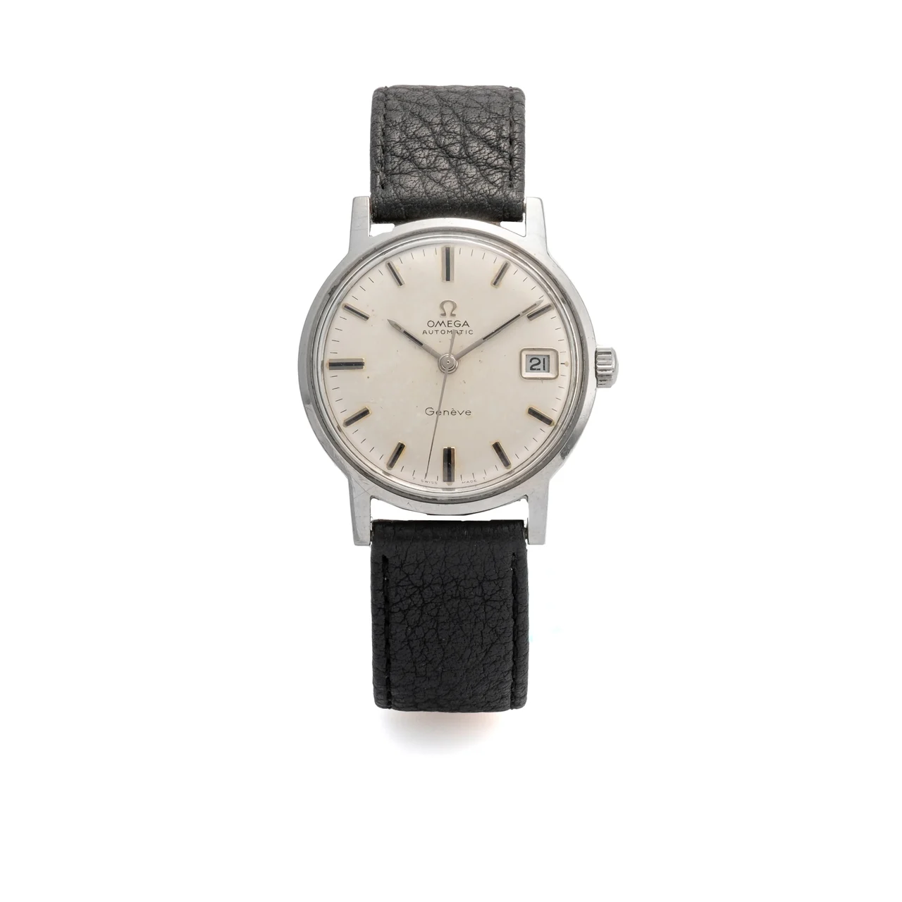 OMEGA Ref. 166.070, self-winding, centre-seconds, date, silver dial; “Genève”; stainless steel kol saati