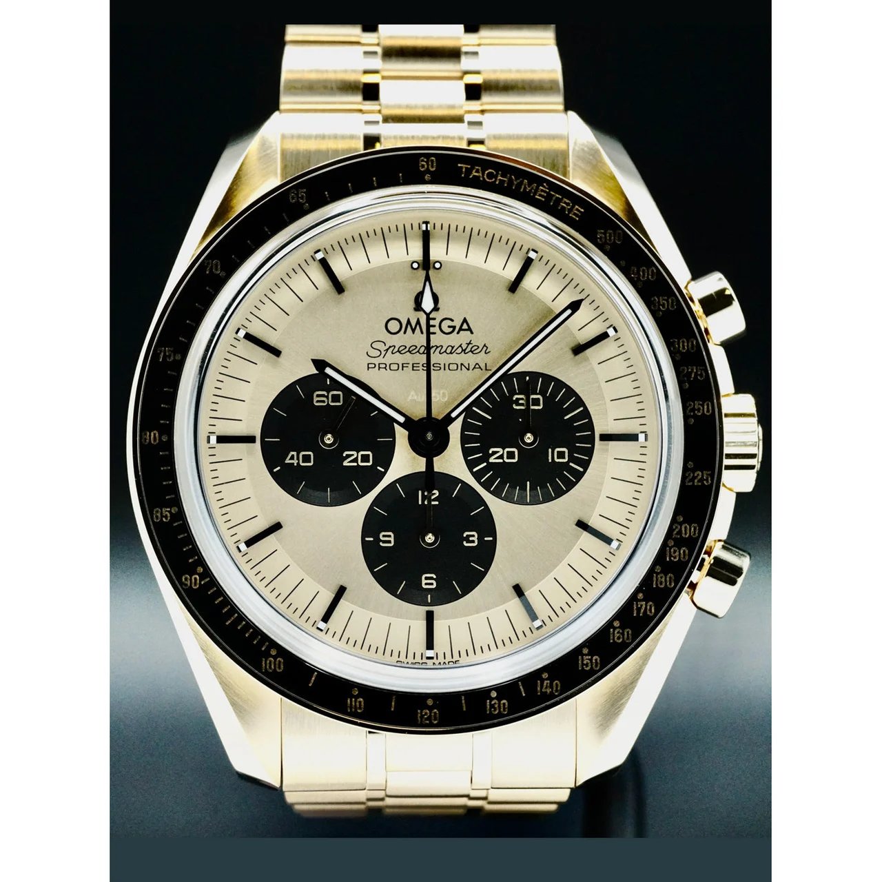 OMEGA Speedmaster Moonwatch Professional Master Chronometer Moonshine Gold Dial on Bracelet 210000062425 42 mm kol saati