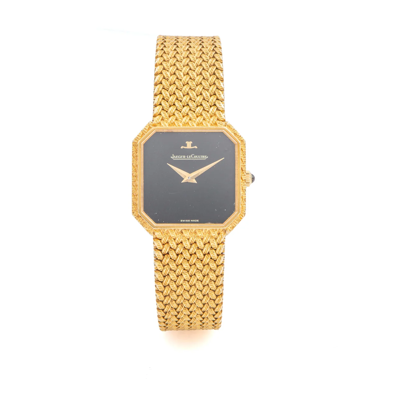 Jaeger-Lecoultre Ref. 9112.21, black dial, integrated bracelet; 18K yellow gold kol saati