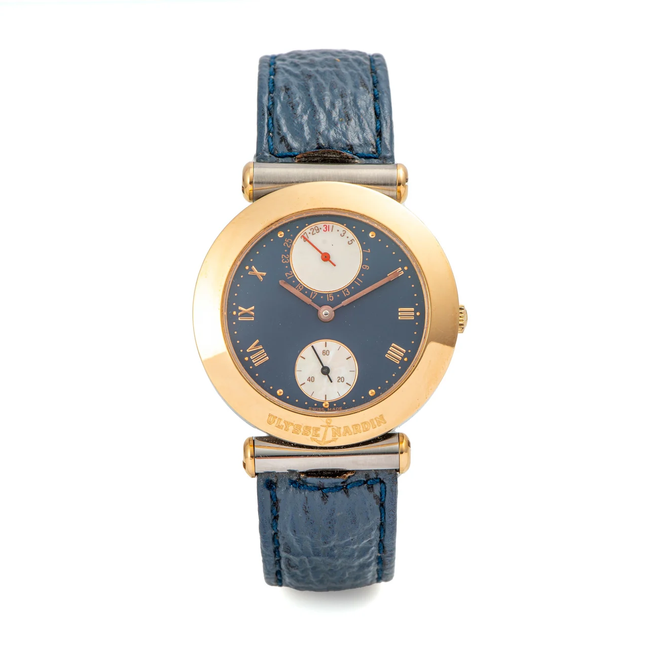 Ulysse Nardin Ref. 155-22, self-winding, date, blue and mother-of-pearl dial; “Isaac Newton”; stainless steel and 18K pink gold kol saati