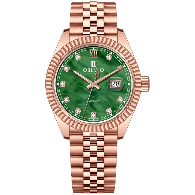 OBLVLO Gold Steel Strap ,Green Dial RX-PE-PGPS RX Series,39mm,Rose Gold Steel Strap ,Green