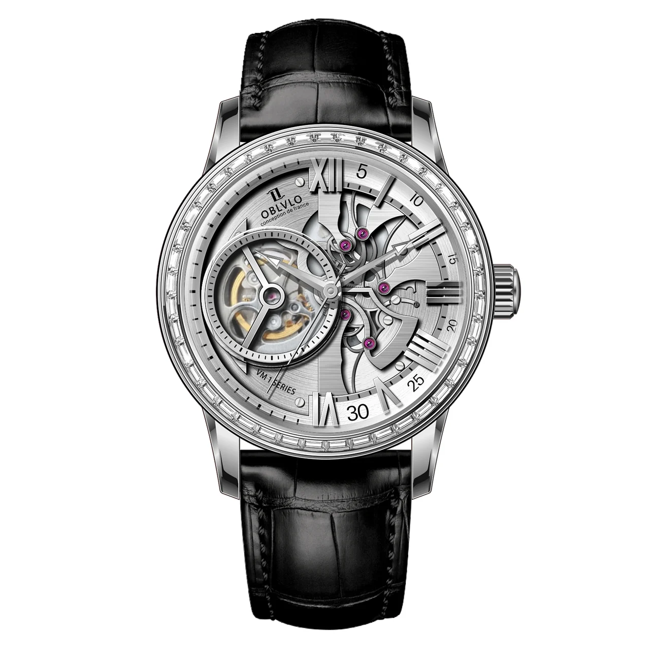 OBLVLO Leather Strap ,White Dial VM-Q-D-YWBL VM Series,42mm,Black Leather Strap ,White Dial VM-Q-D-YWBL 42 mm kol saati