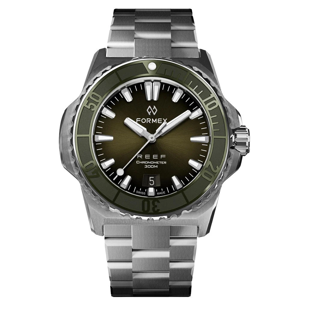 Formex Baby REEF 39.5mm Swiss Automatic Chronometer Dive Watch with Sunburst Green Dial #2201-1-6300-100 39.5 mm kol saati