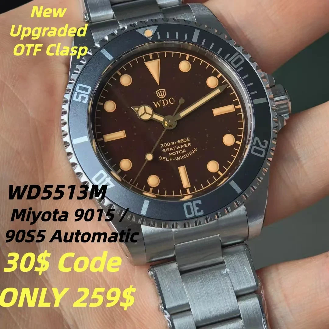 Cronos Watch Store Watchdives WD5513M 9015/90S5 Vintage Sub Watch WD5513M/哑蓝面/复古黄色雪花针/90S5机芯/双卜蓝宝石表镜/铆钉带配新款飞扣 40.7 mm kol saati