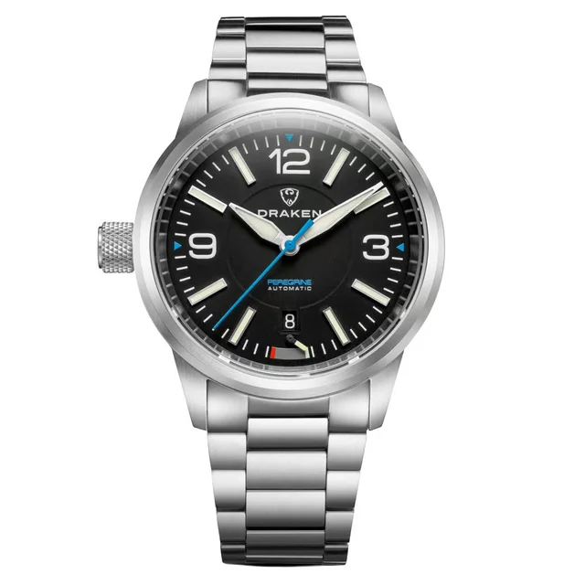 Draken Peregrine 'A' Black Dial Watch with Left Crown #DKN-11 kol saati