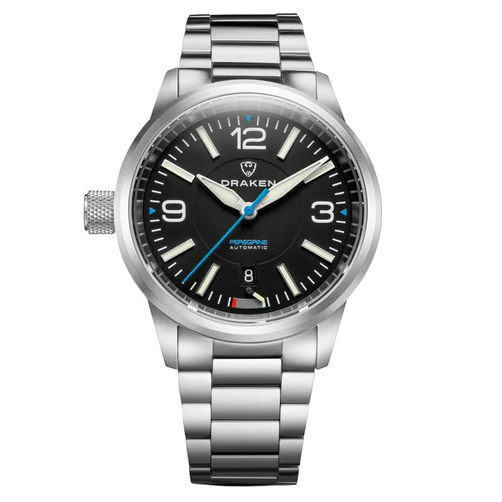 Draken Peregrine 'A' Black Dial Watch with Left Crown #DKN-11 kol saati