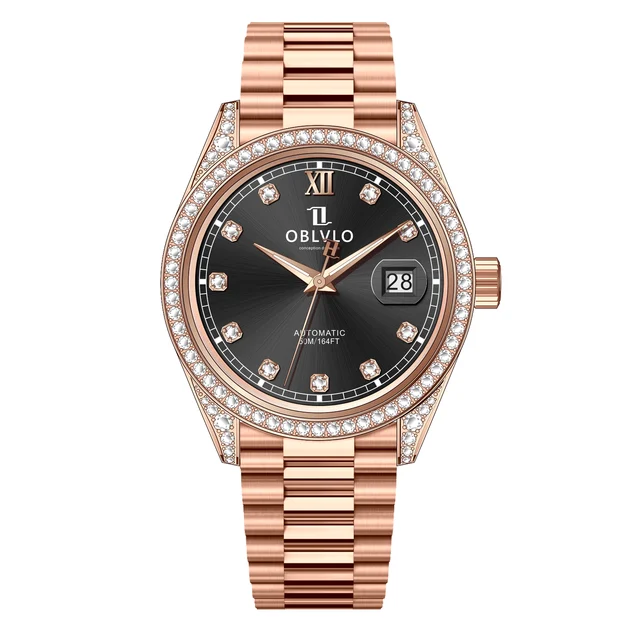 OBLVLO Bezel,Rose Gold Steel Strap,Black Dia RX Series,40mm,Diamond Bezel,Rose Gold Steel