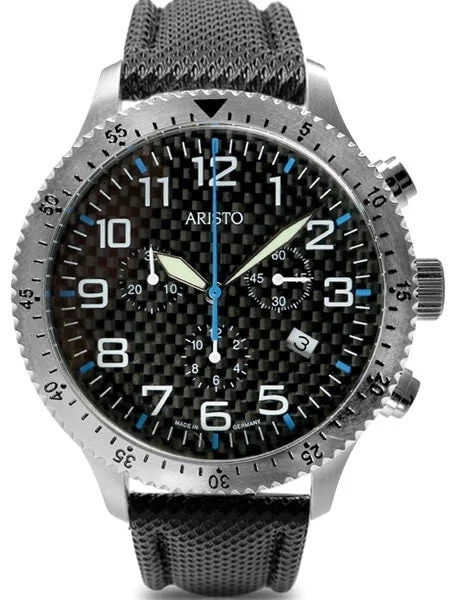 Aristo Aviator Style Quartz Chronograph Watch with Carbon Fiber Dial #7H106BN kol saati