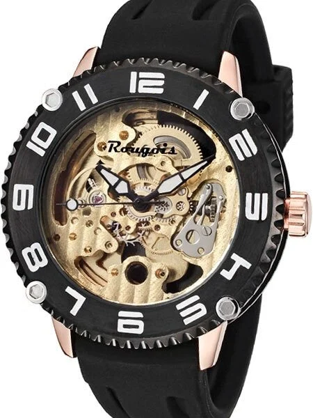 Rougois Goldtone Skeleton Automatic (self-winding) Watch with Black Bezel 3285M-RGB-2 kol 