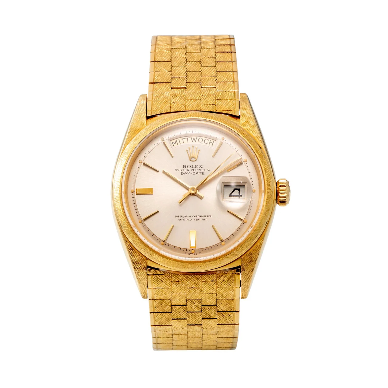 Rolex ROLEX REF. 1806, DAY-DATE, 18K ROSE GOLD, FLORENTINE FINISH, BLACK GILT DIAL, WITH ROLEX COSC AND ORIGINAL ROLEX BOX kol saati