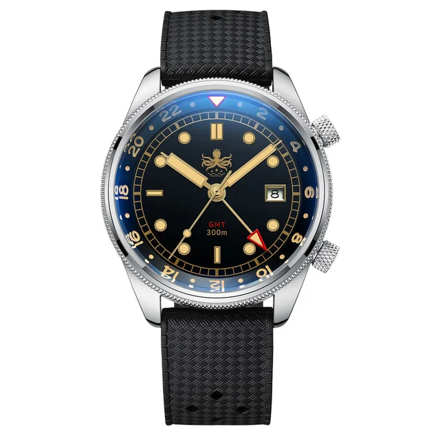 Phoibos Eagle Ray 300-Meter Dual-Time GMT Dive Watch with Double Dome AR Sapphire Crystal