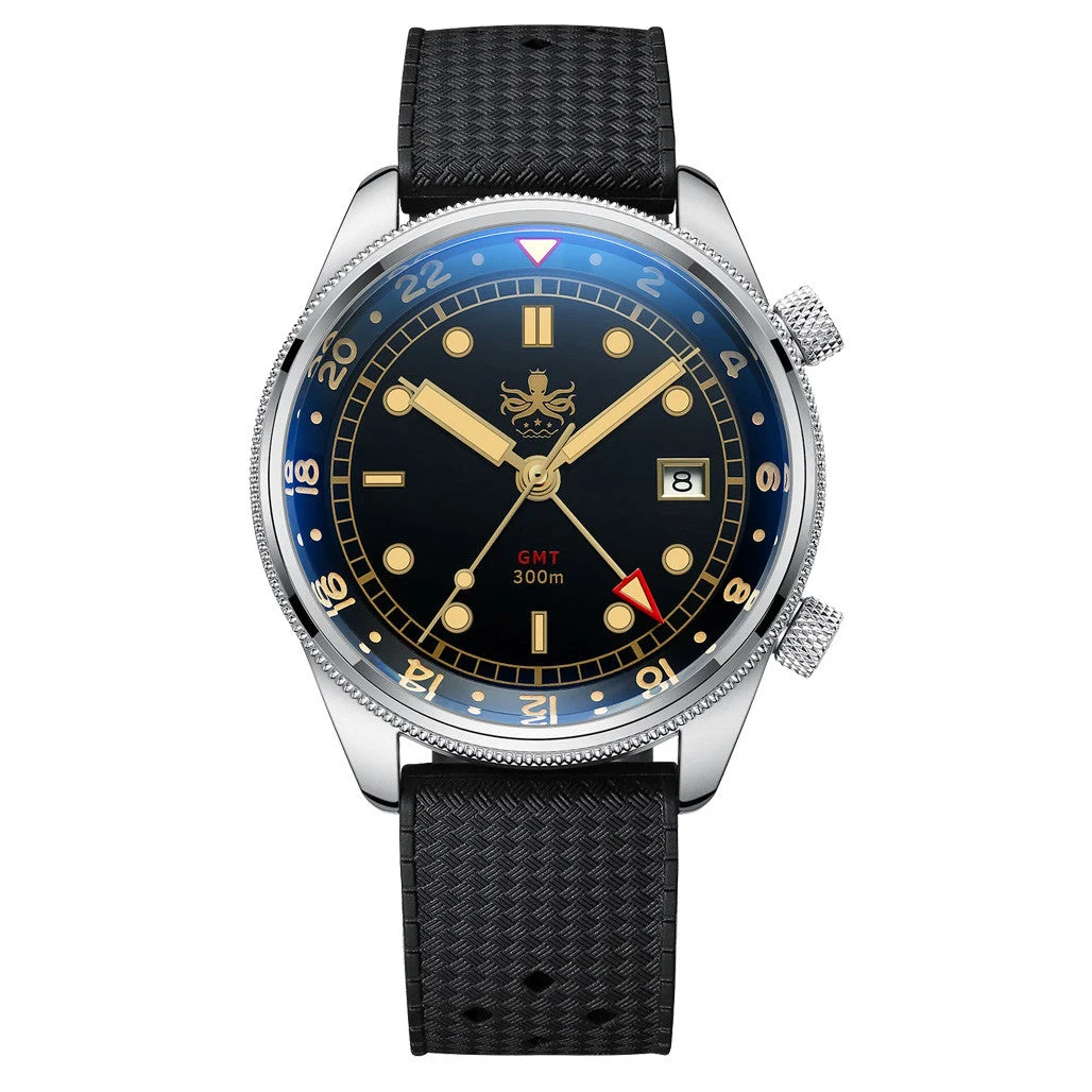 Phoibos Eagle Ray 300-Meter Dual-Time GMT Dive Watch with Double Dome AR Sapphire Crystal #PX023D 41 mm kol saati