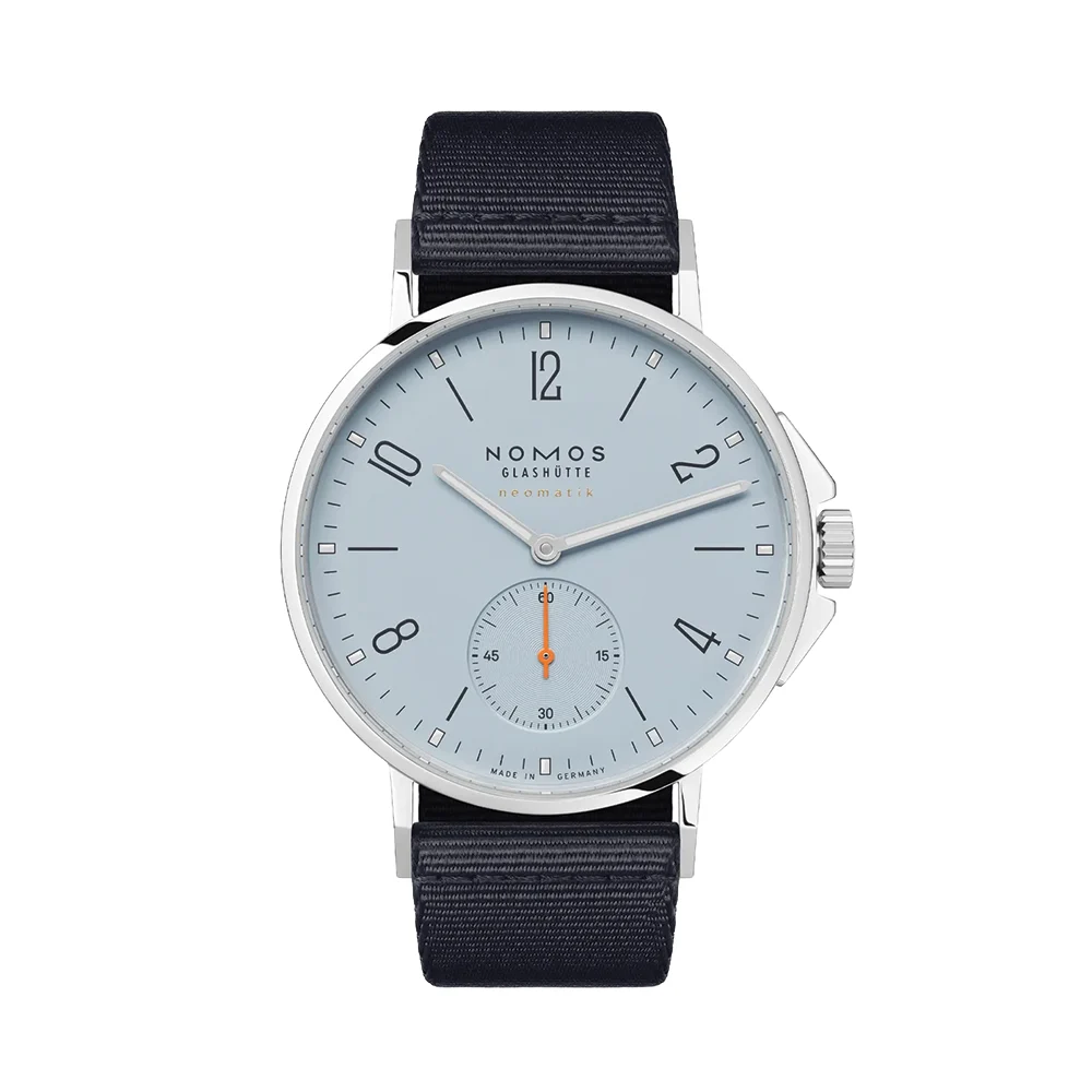 NOMOS Glashütte Ahoi Neomatik "Sky" Steel Back 36mm - Blue on Fabric Strap 568.SB 36 mm kol saati