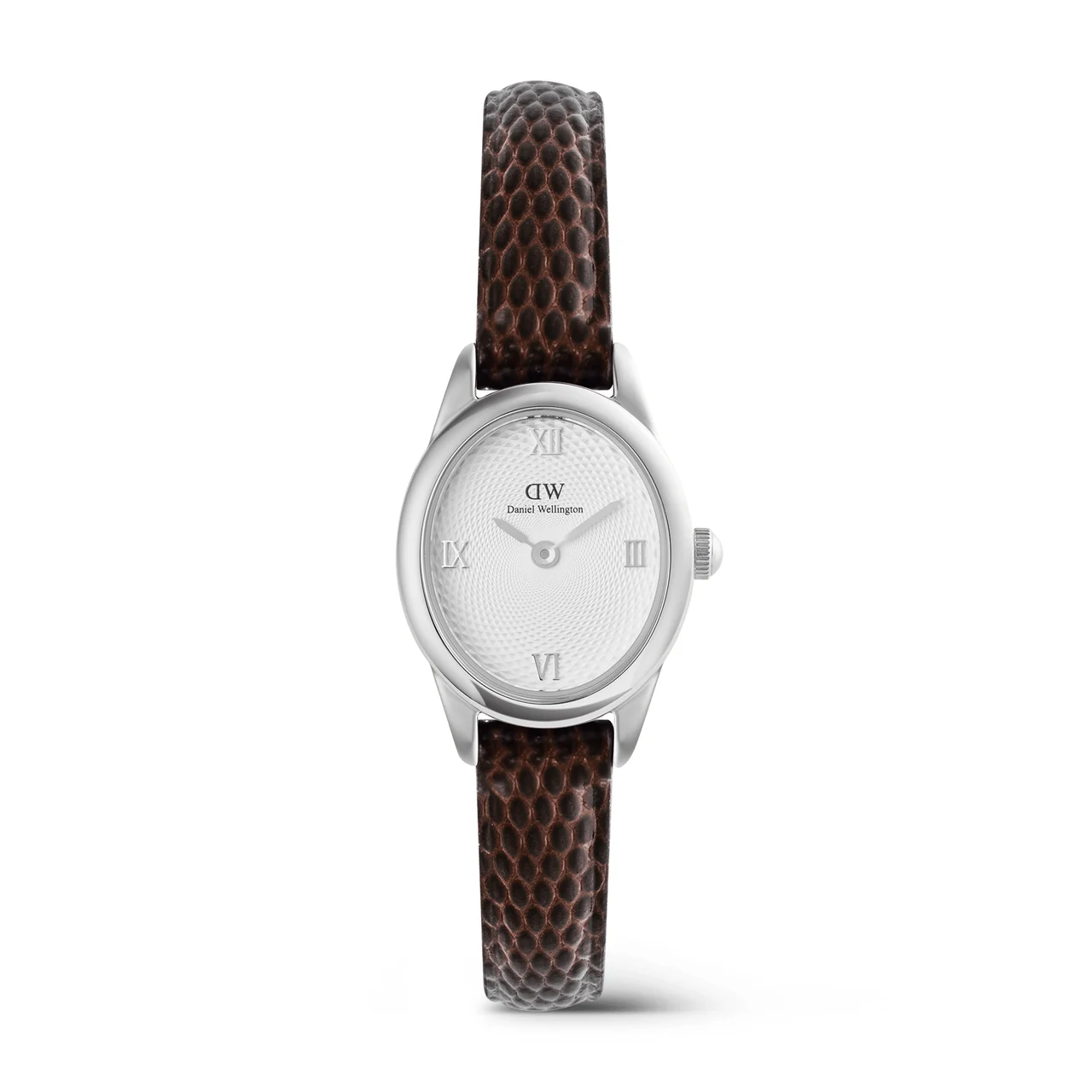 DANIEL WELLINGTON Ophelia Mini Dark Brown Lizard White Guilloché Silver DW00100888 kol saati