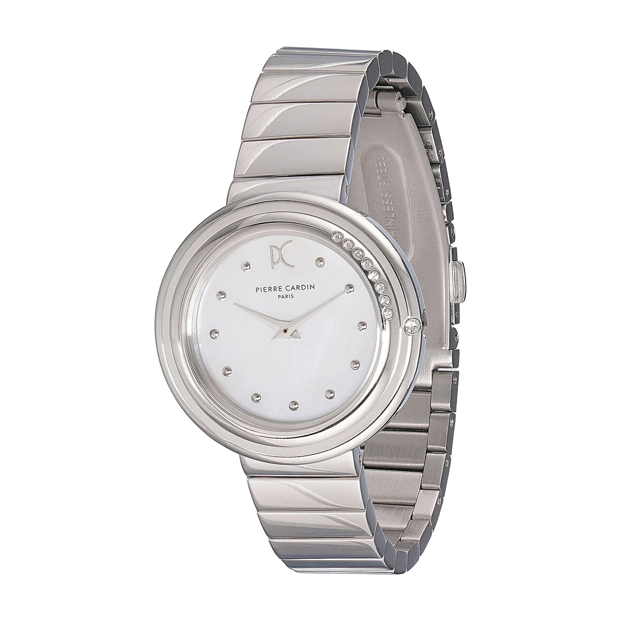 Passy Météore ’ Watch - Silver Case with White Mother of Pearl Look Dial, Crystal Bezel, and Metal Link Strap CF.1010.MS.1 32 mm kol saati