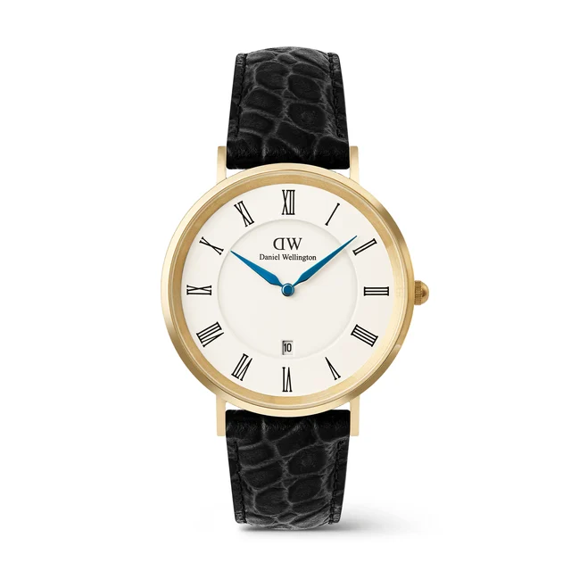 DANIEL WELLINGTON Classic Roman Numerals Date Black Croc Belly Gold DW00100915 kol saati