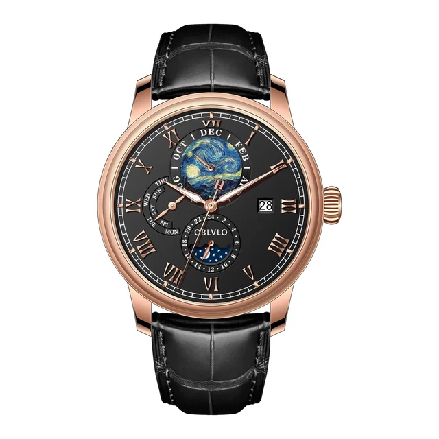 OBLVLO Leather Strap ,Black Dial AM-FG-PBBL AM Series,42mm,Black Leather Strap ,Black Dial