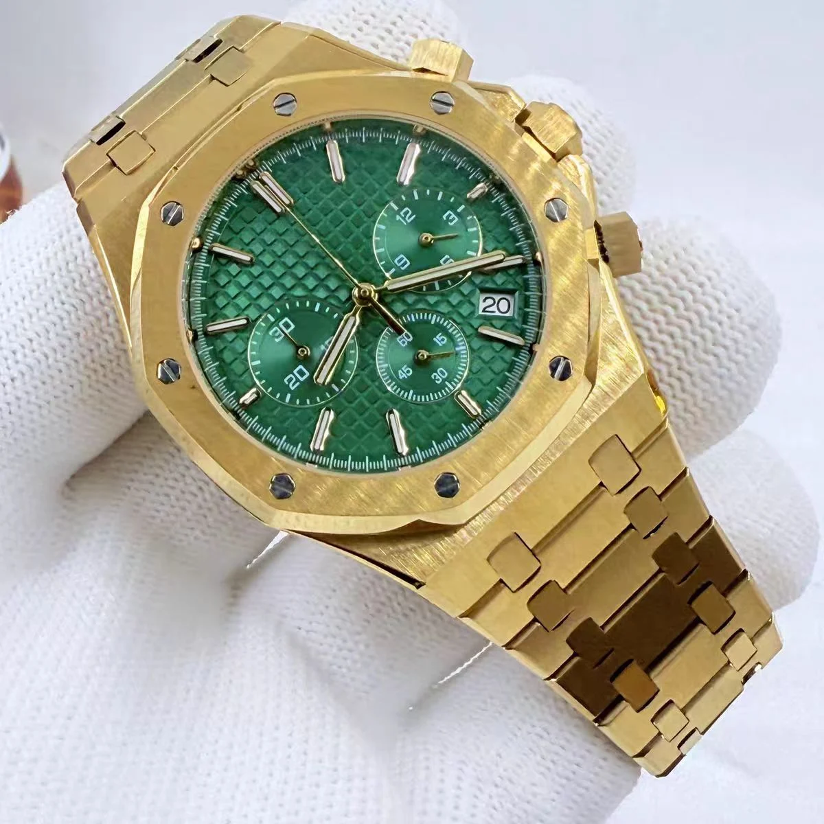 Tandorio Watches Yellow Gold Quartz Royal Oak Octagon Watch Customized LOGO Chronograph 41mm Japanese VK63 Movement Sapphire 3ATM 1005009876391711-GREEN 41 mm kol saati