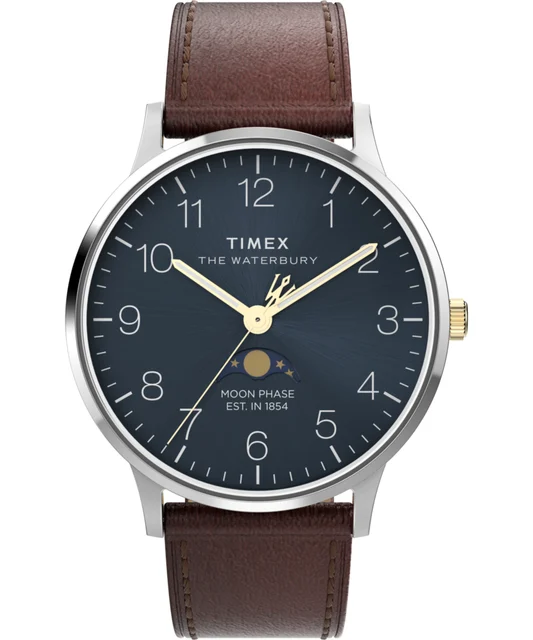 Timex Waterbury Classic Moon Phase 40mm Leather Strap Watch TW2W75600 kol saati