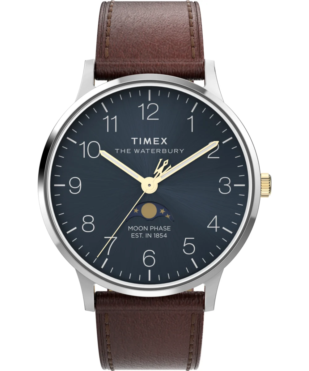 Timex Waterbury Classic Moon Phase 40mm Leather Strap Watch TW2W75600 40 mm kol saati