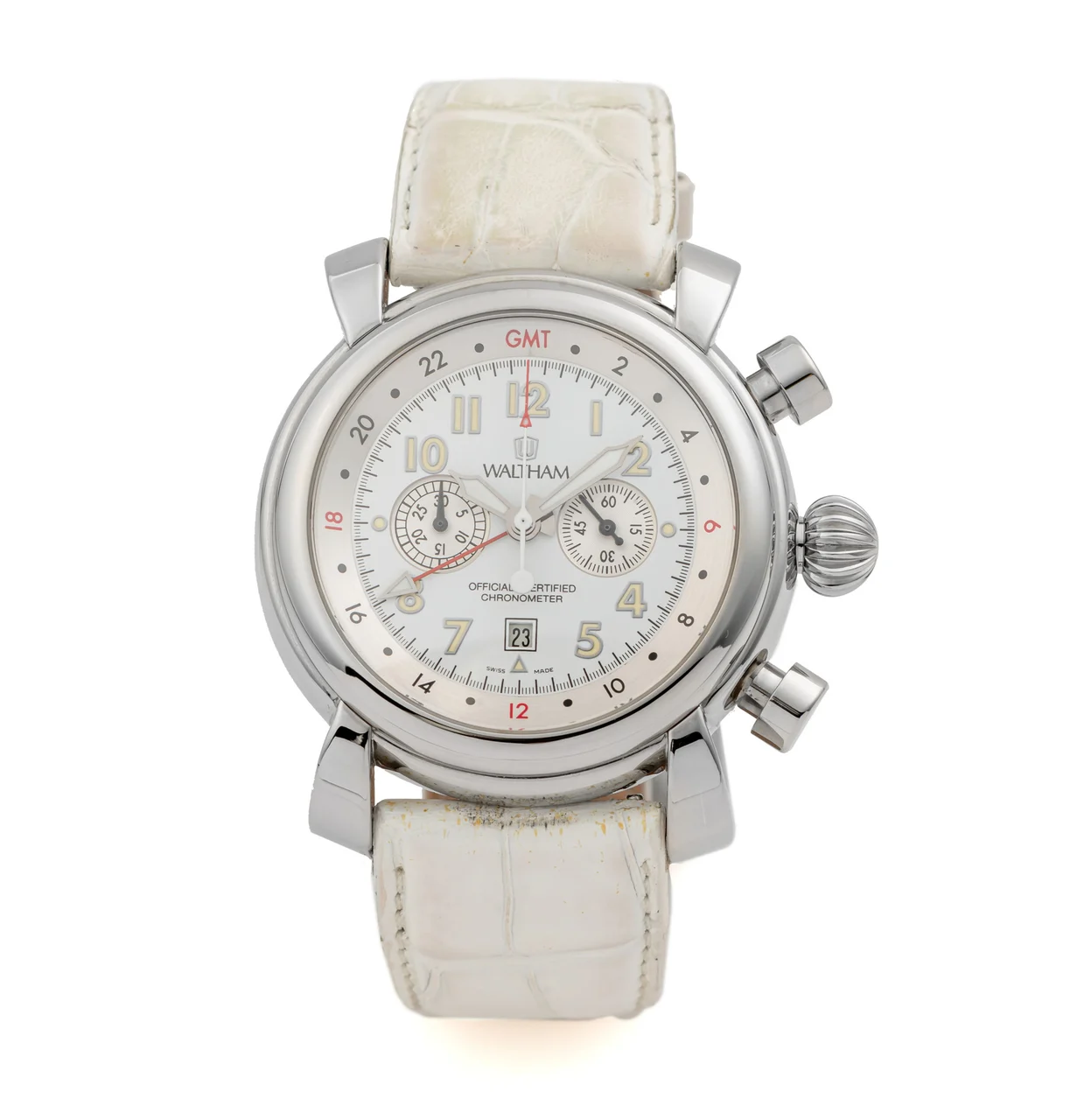 Waltham Ref. SW45, self-winding, chronograph, minute counter, date, AM-PM indication, two-time zone; “Officially Chronometer”; stainless steel kol saati